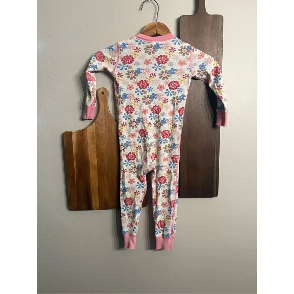 Hanna Andersson Pink Organic Cotton Floral Long Sleeve Zip Sleeper Romper Size 3